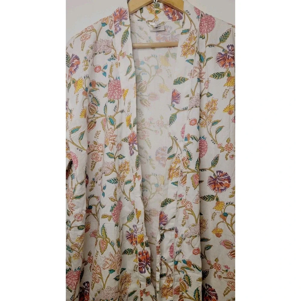 Women's 100% Cotton Robe Tropical Floral White Pink‎ *Missing Belt